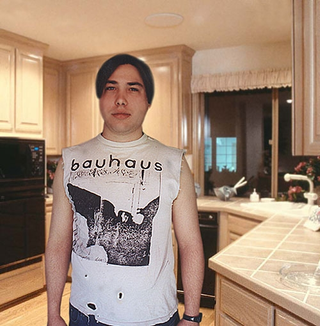 Jeff Struck wearing his badly-deteriorated Bauhaus T-shirt.